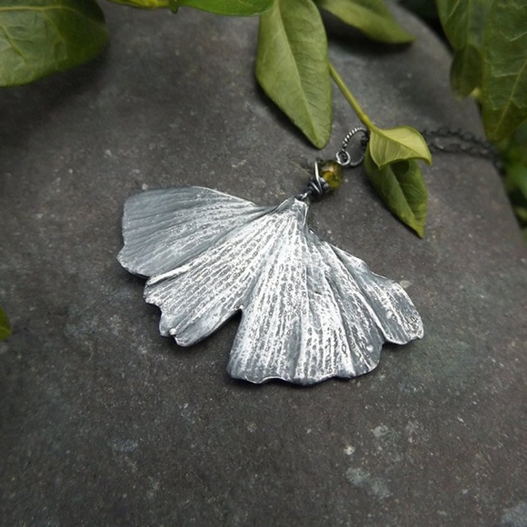 Quintessential Arts Jewelry - Ginkgo biloba, Mossy Vesuvianite - New PMC Pendant